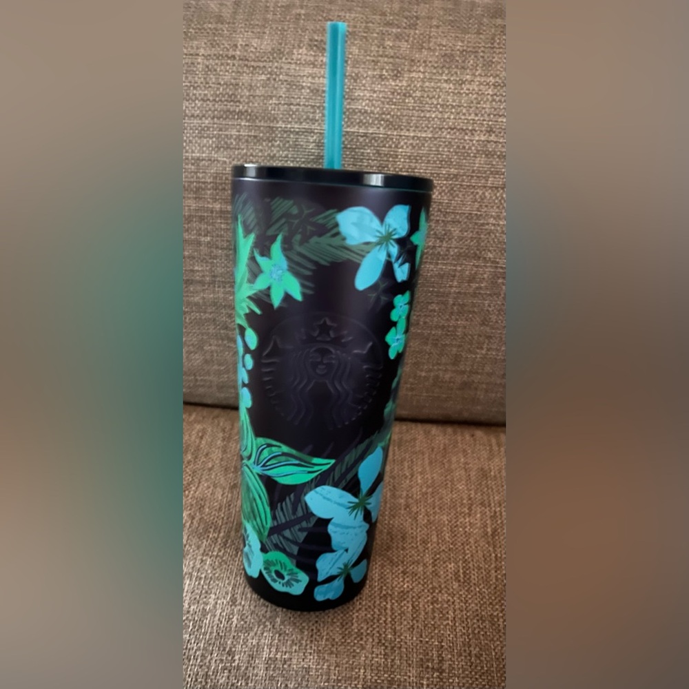 RARE Retired Starbucks Stainless Steel Tumbler Blue Green Flowers Summer 2022